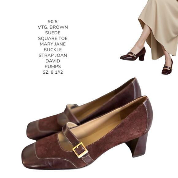 90'S VTG. BROWN SUEDE BUCKLE SQUARE TOE MARY JANE PUMPS‎ JOAN & DAVID SZ. 8 1/2. - Picture 1 of 8